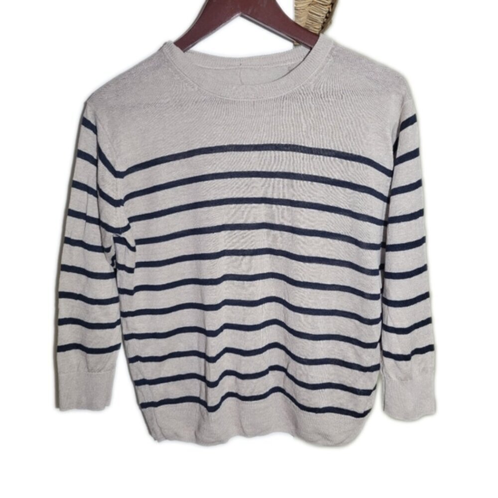 ❤️ 3 for $35 linen striped crew neck 3/4 sleeve loose fit knit sweater small